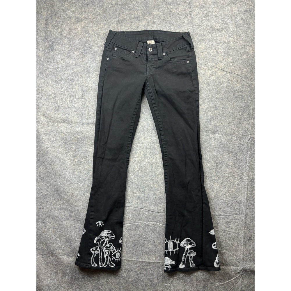True‎ Religion Women's Size 28 Flare Black Jeans Jewels Denim Mushrooms Grunge